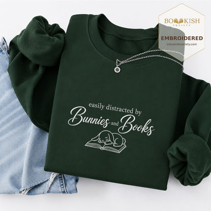 Distracted By Bunnies And Books Embroidered Sweatshirt | Reader Gift Forest Green