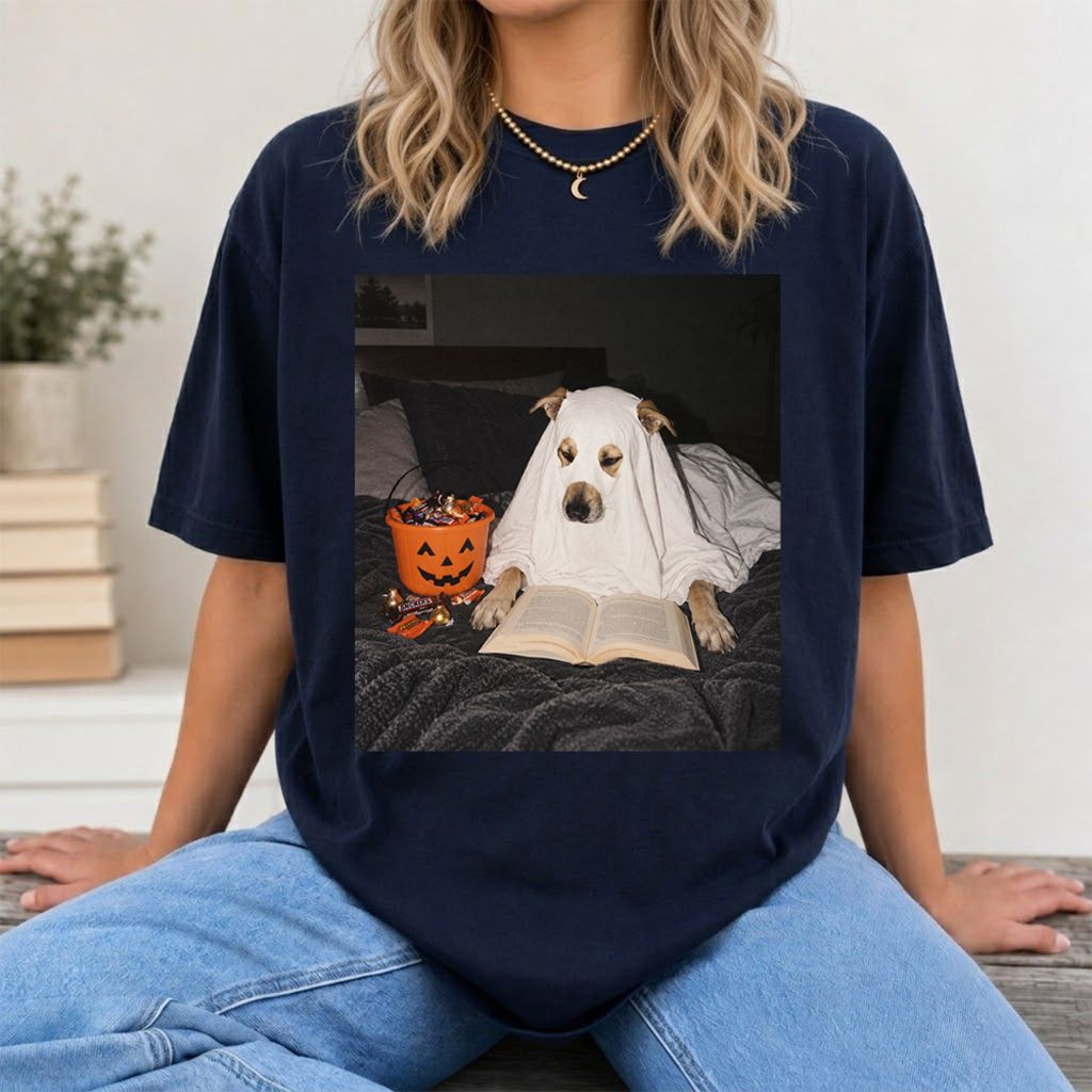 Cute Reading Ghost Dog Printed T-Shirt | Halloween Book Lover Gift Navy