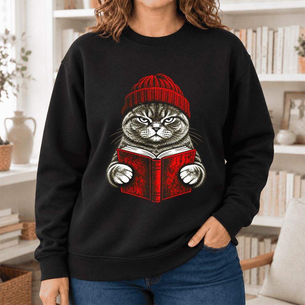 Vintage Reading Cat British Shorthair Softstyle Sweatshirt | Christmas Gift Black