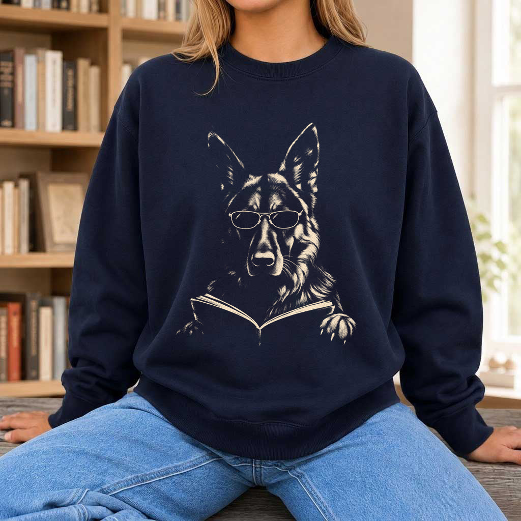 German Shepherd Reading Book Crewneck Sweatshirt | Reader Gift Navy