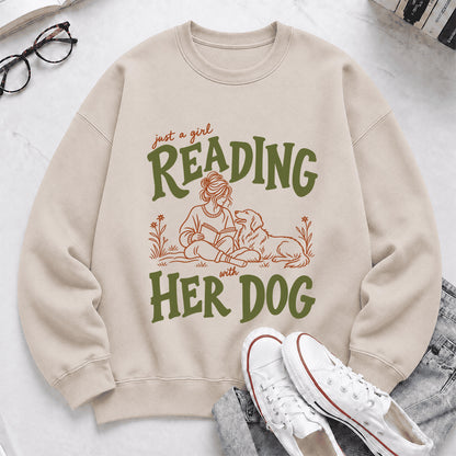 Just A Girl Reading With Her Dog Crewneck Sweatshirt | Reader Gift Sand