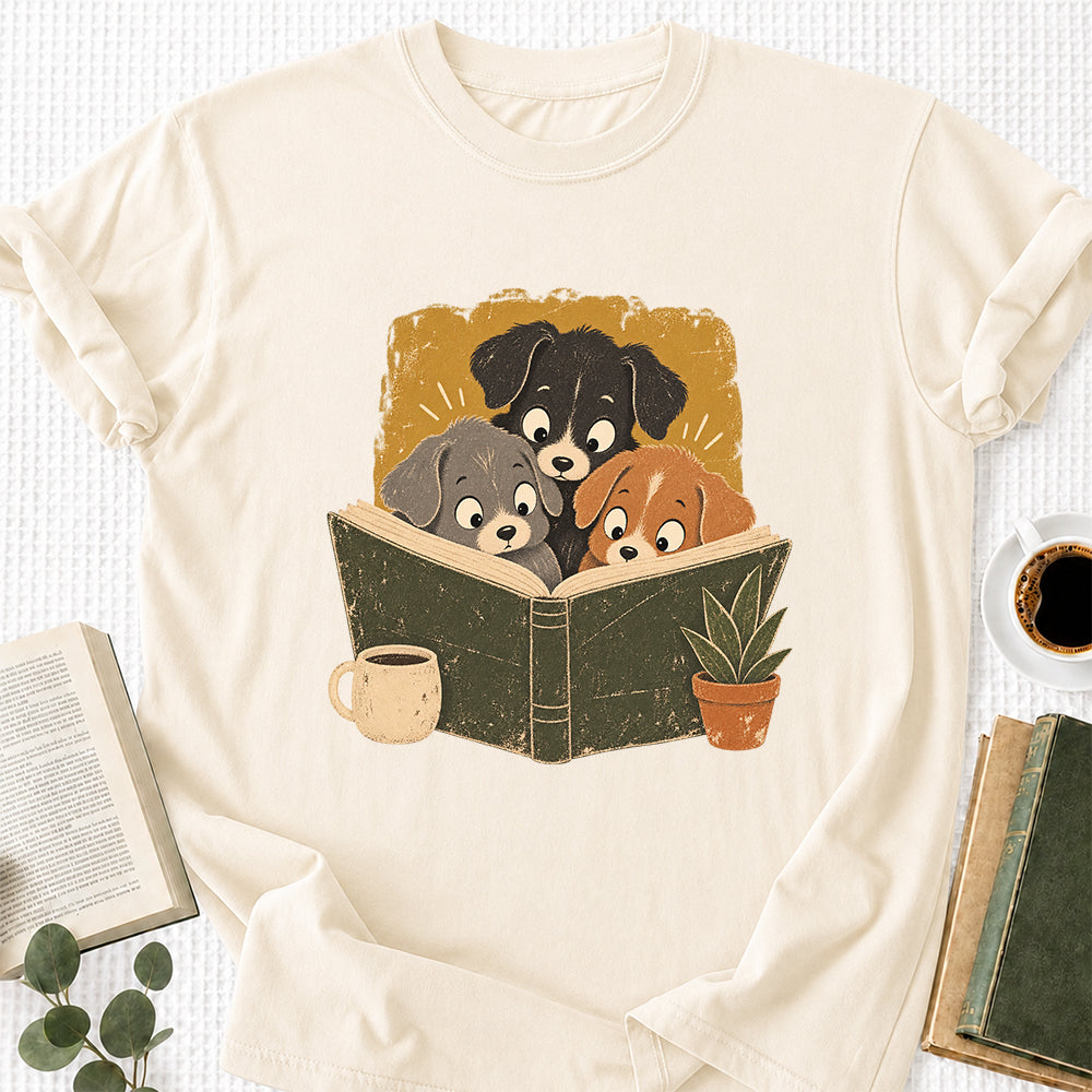 Minimal Japanese Dogs Reading Softstyle T-Shirt | Book Lover Gift Natural