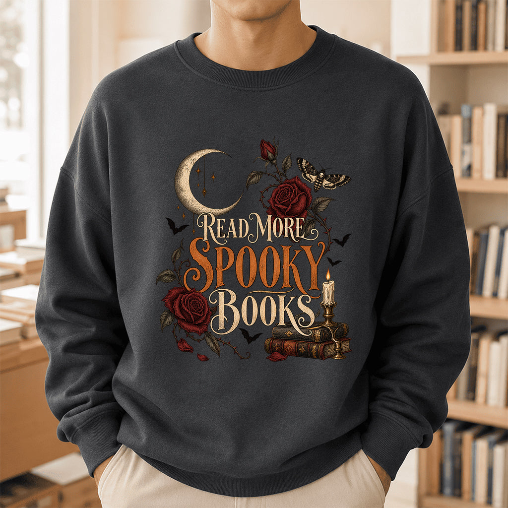 Read More Spooky Books Printed Sweatshirt | Halloween Book Lover Gift Dark Heather