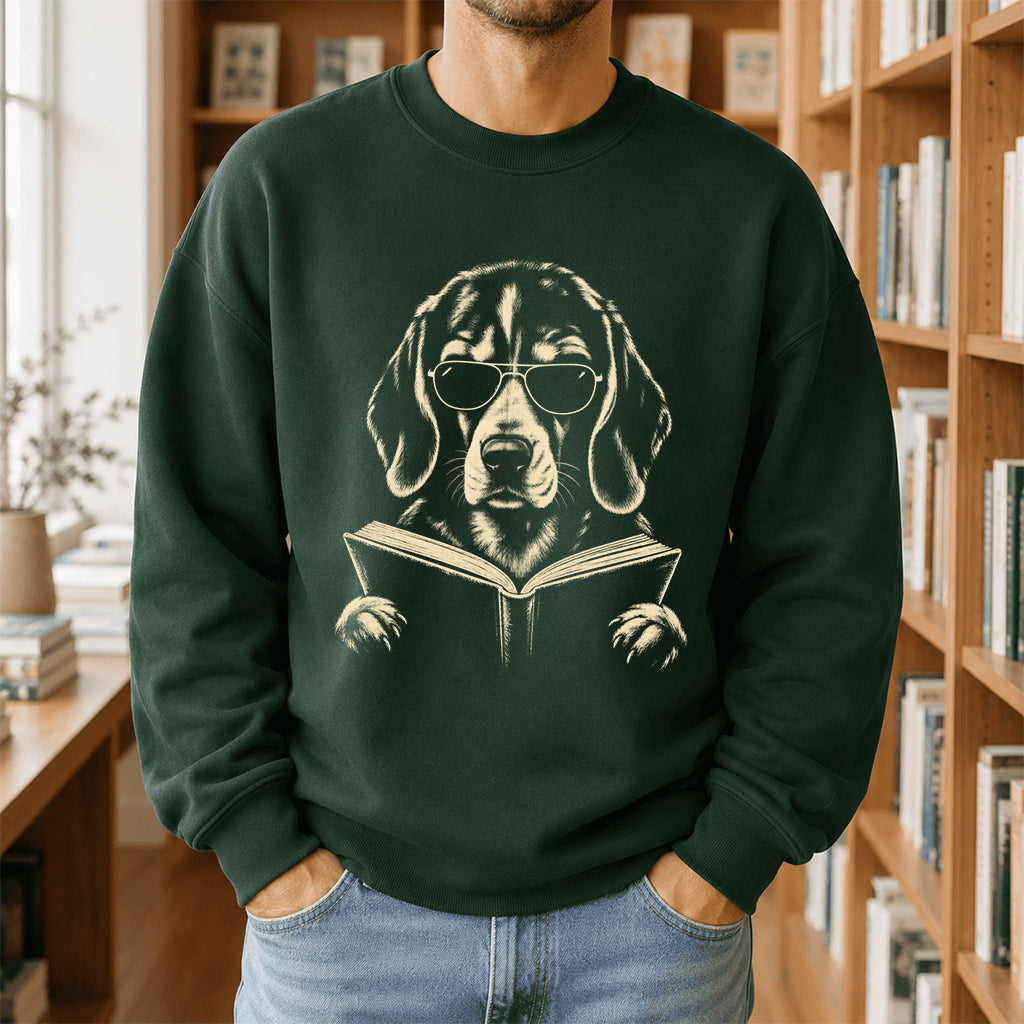Beagle Reading Book Crewneck Sweatshirt | Reader Gift Forest Green