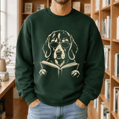 Beagle Reading Book Crewneck Sweatshirt | Reader Gift Forest Green