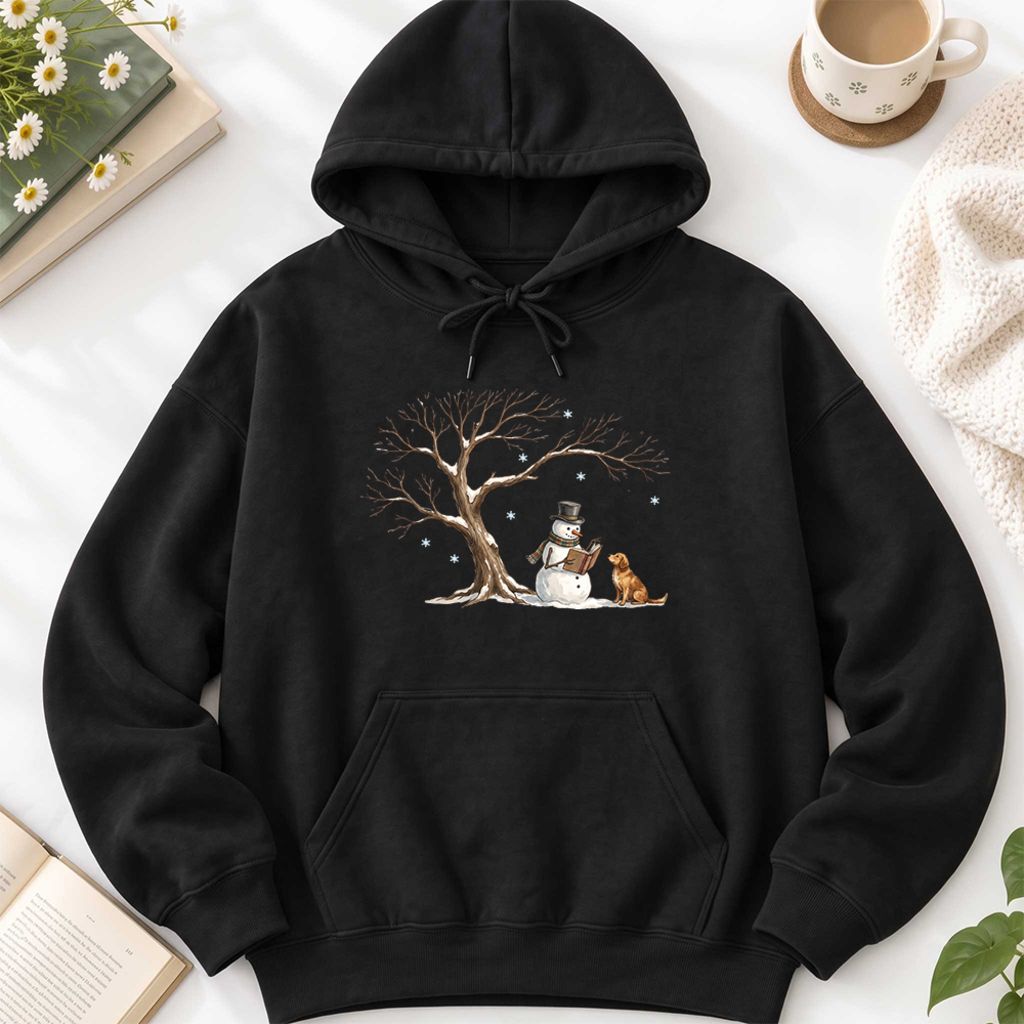 Golden Retriever And Snowman Under Tree Softstyle Hoodie | Christmas Reader Gift Black