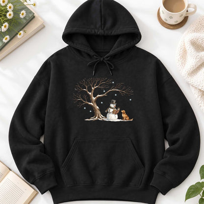 Golden Retriever And Snowman Under Tree Softstyle Hoodie | Christmas Reader Gift Black