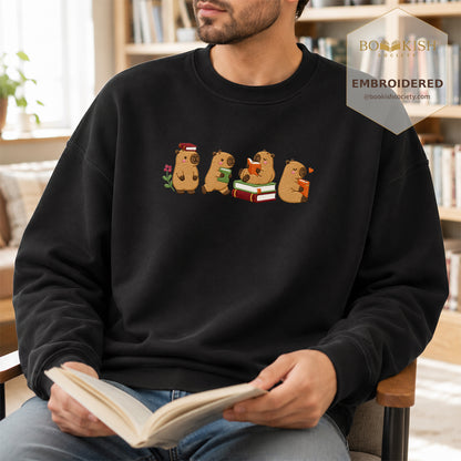 Reading Capybaras Embroidered Sweatshirt | Reader Gift Black