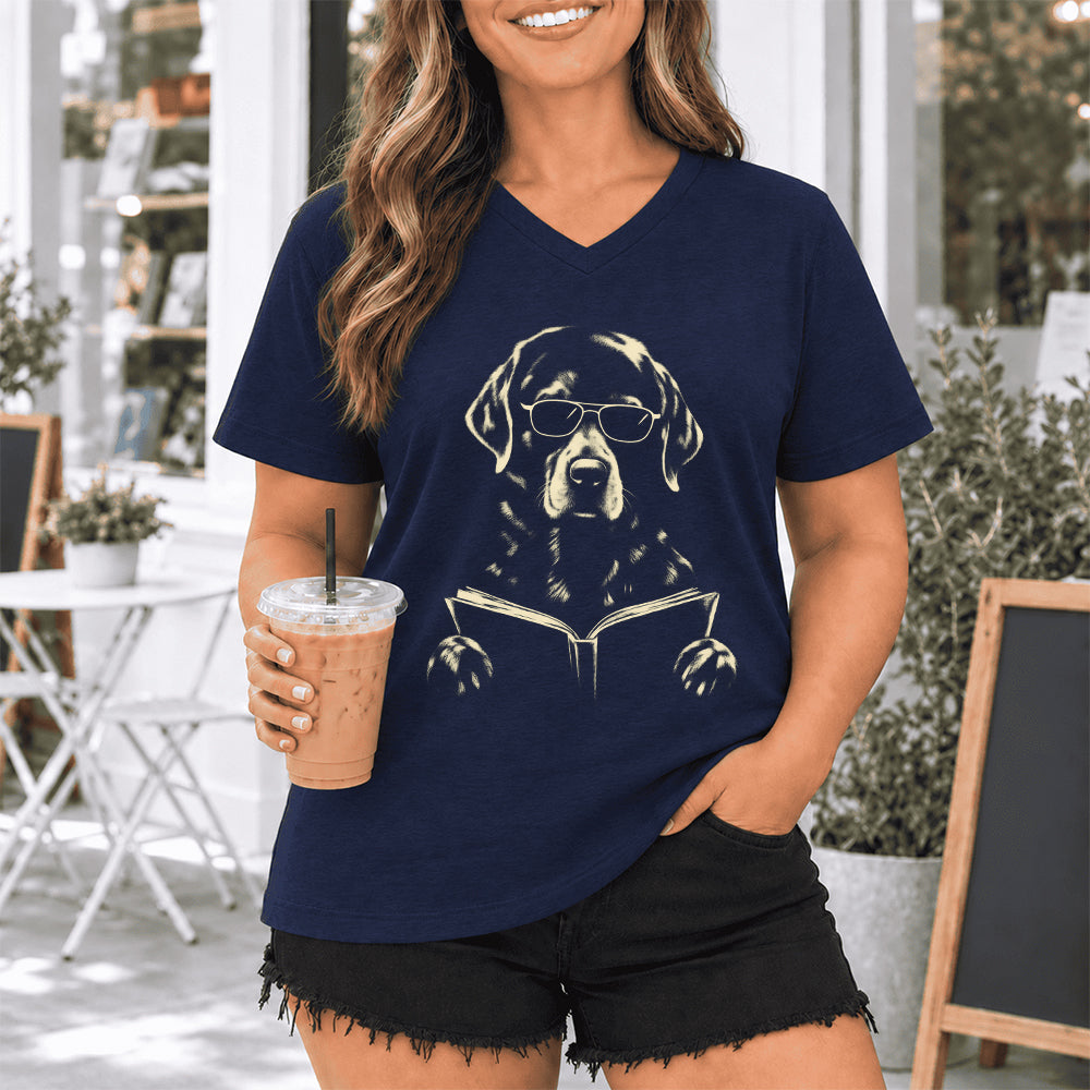 Labrador Retriever Reading Book Ultra-Soft V-Neck | Dog Mom Reader Gift Navy