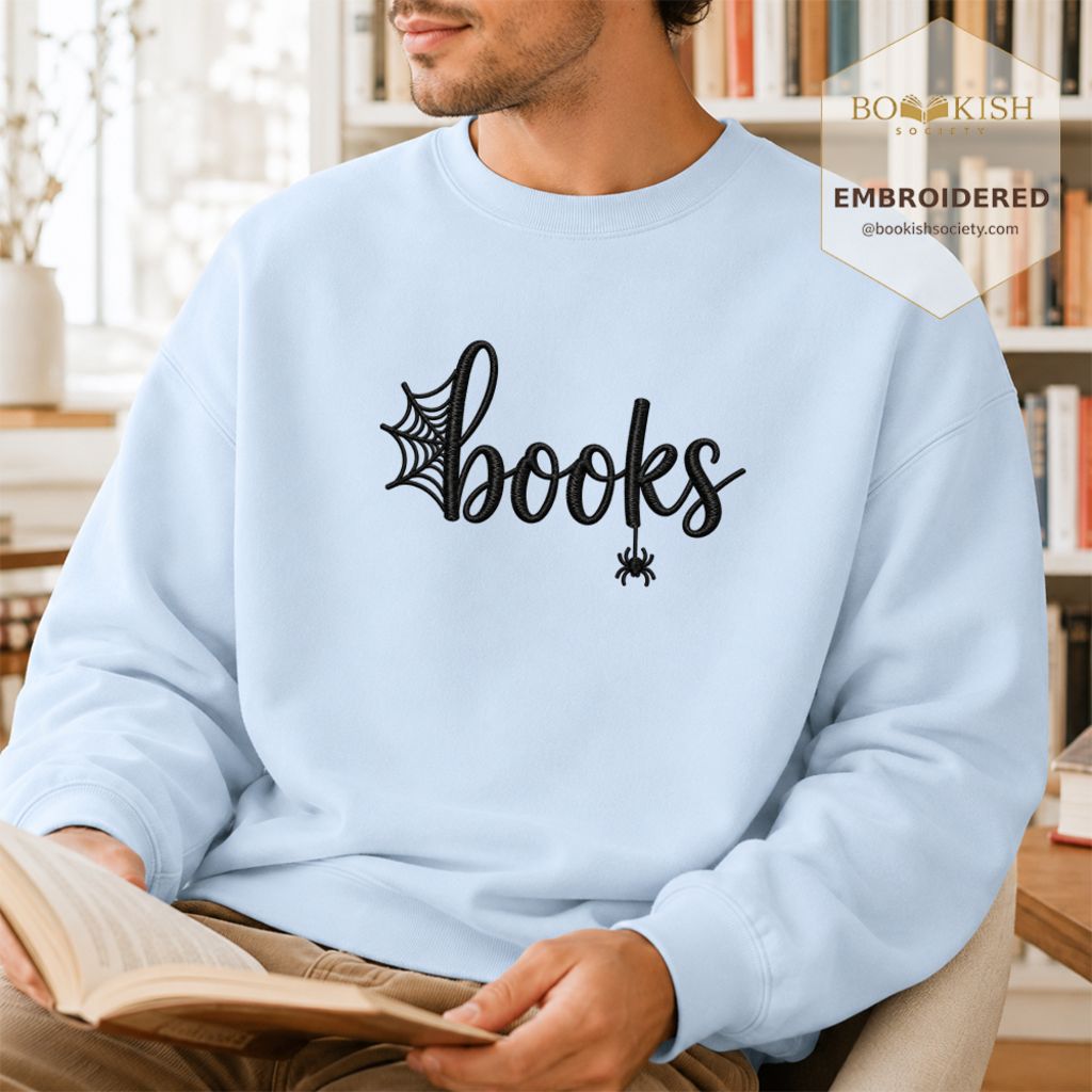 Halloween Books Embroidered Sweatshirt | Spooky Book Lover Gift Light Blue