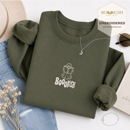 Bookish Ghost Embroidered Sweatshirt | Halloween Book Lover Gift Military Green