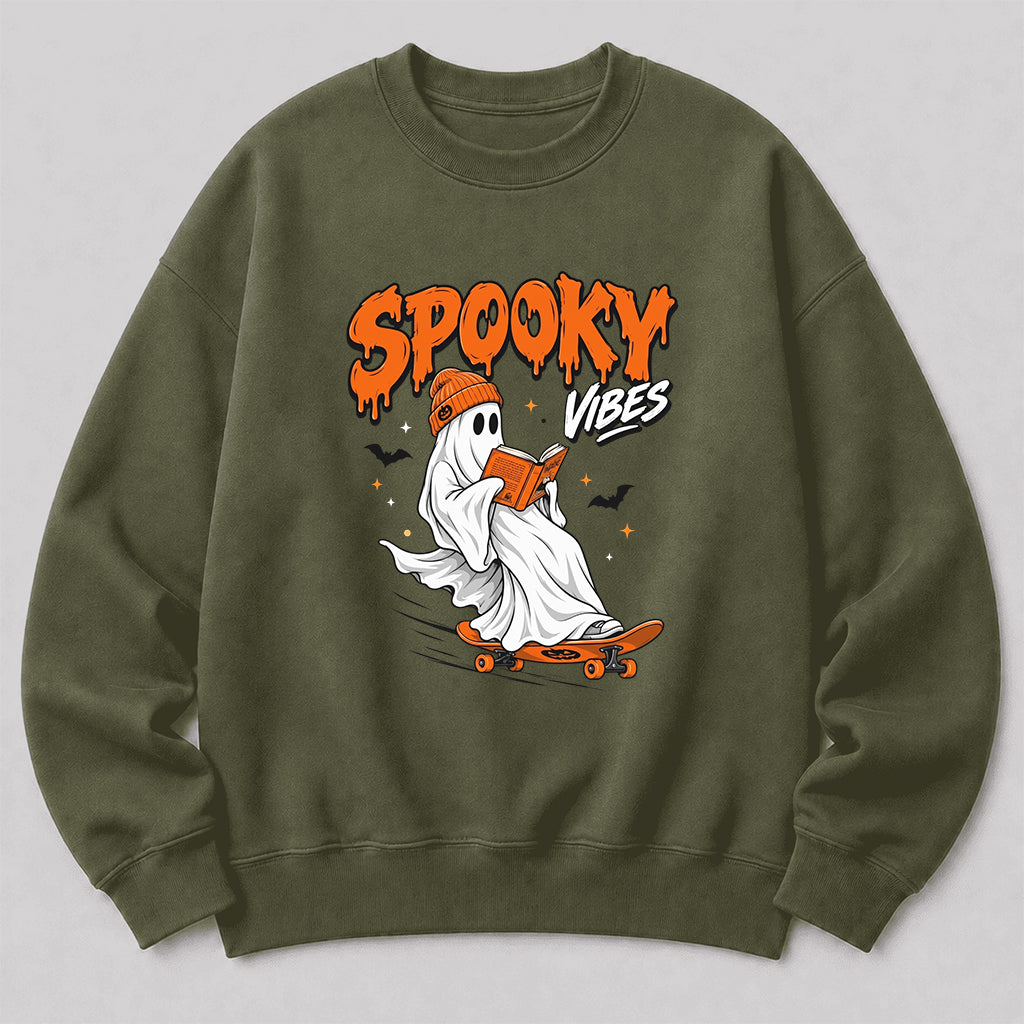 Spooky Vibes Printed Sweatshirt | Halloween Reader Gift Military Green