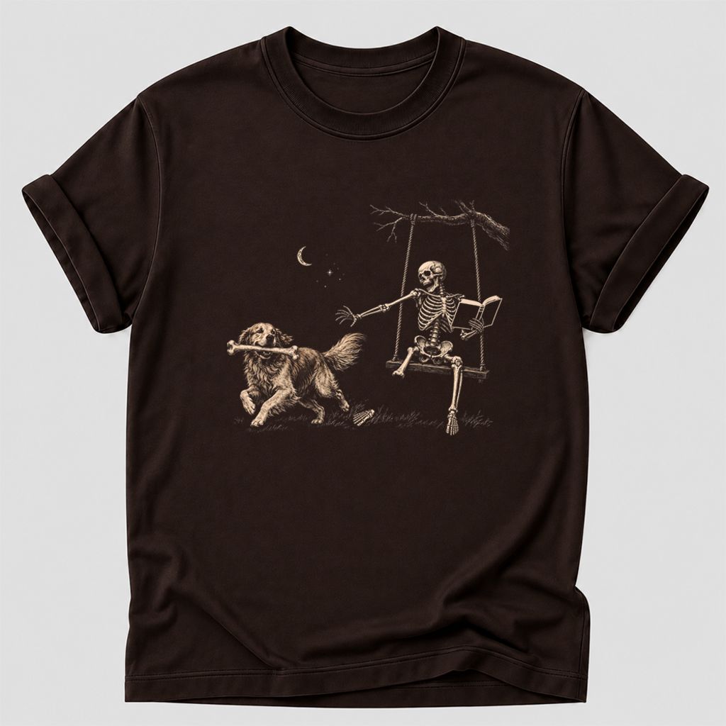 Funny Reading Book With Golden Retriever Printed T-Shirt | Halloween Reader Gift Dark Chocolate