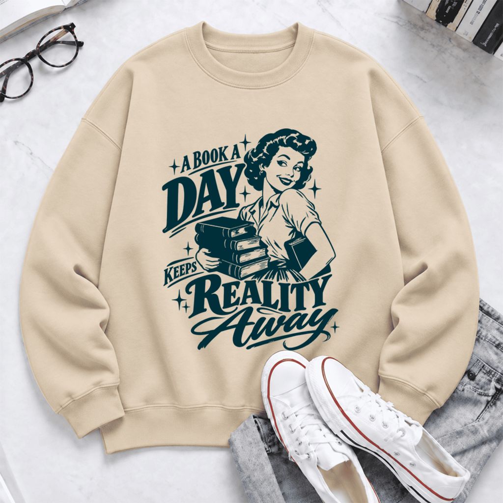 A Book A Day Keeps Reality Away Softstyle Sweatshirt | Cozy Book Lover Gift Sand