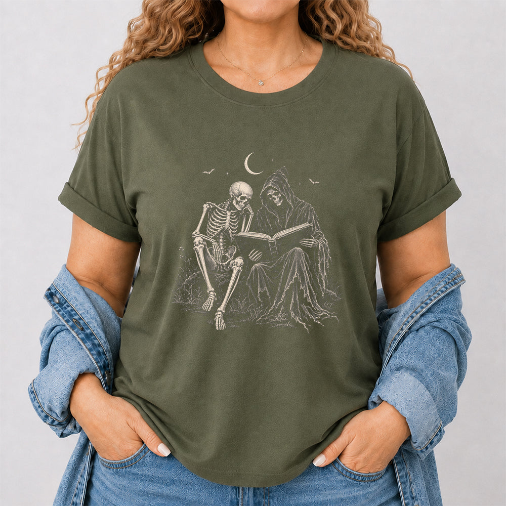 Halloween Reading Buddies Printed T-Shirt | Halloween Book Lover Gift Military Green
