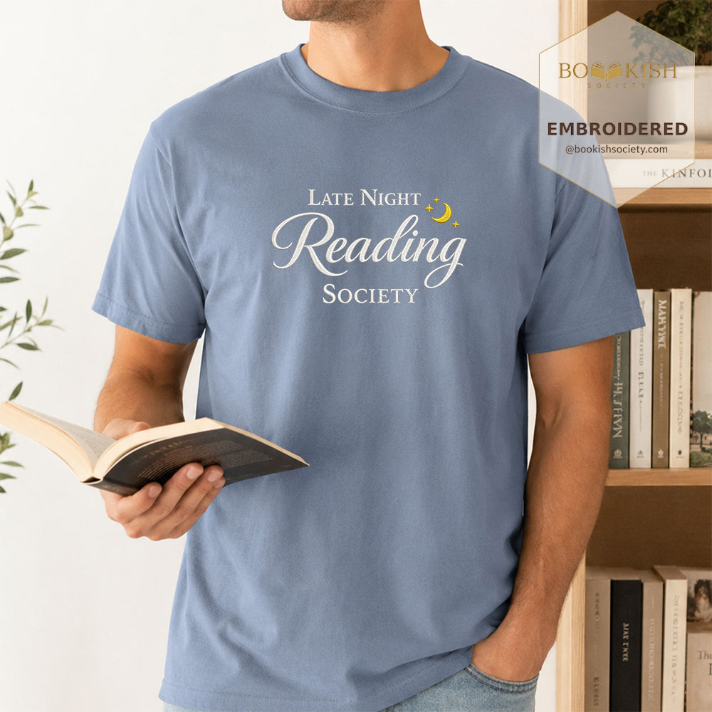 Late Night Reading Society Embroidered Comfort Color® T-shirt | Book Lover Gift Blue Jean