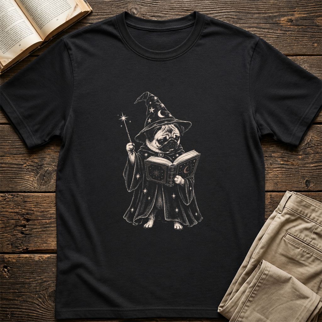 Cute Pug Witch Reading Book Printed T-Shirt | Halloween Book & Dog Lover Gift Black