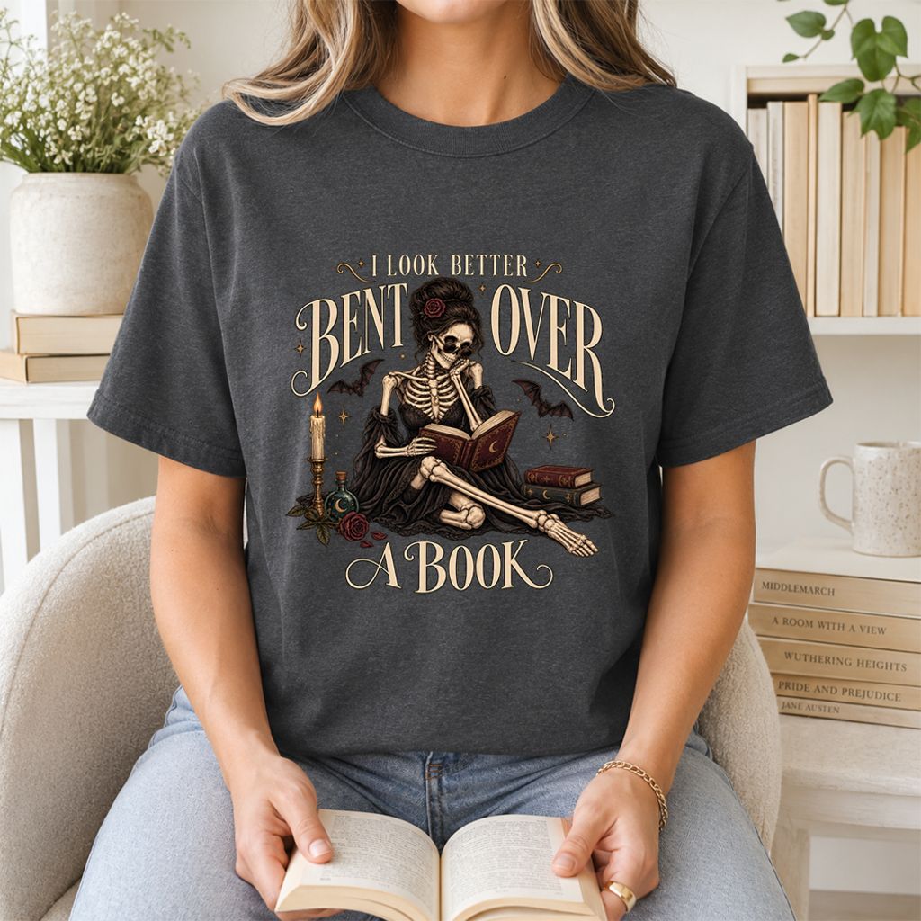 I Look Better Bent Over A Book Printed T-Shirt | Halloween Smut Book Lover Gift Dark Heather