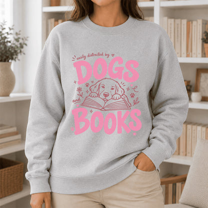 Easily Distracted By Dog And Books Crewneck Sweatshirt | Dog Lover & Reader Gift Sport Grey