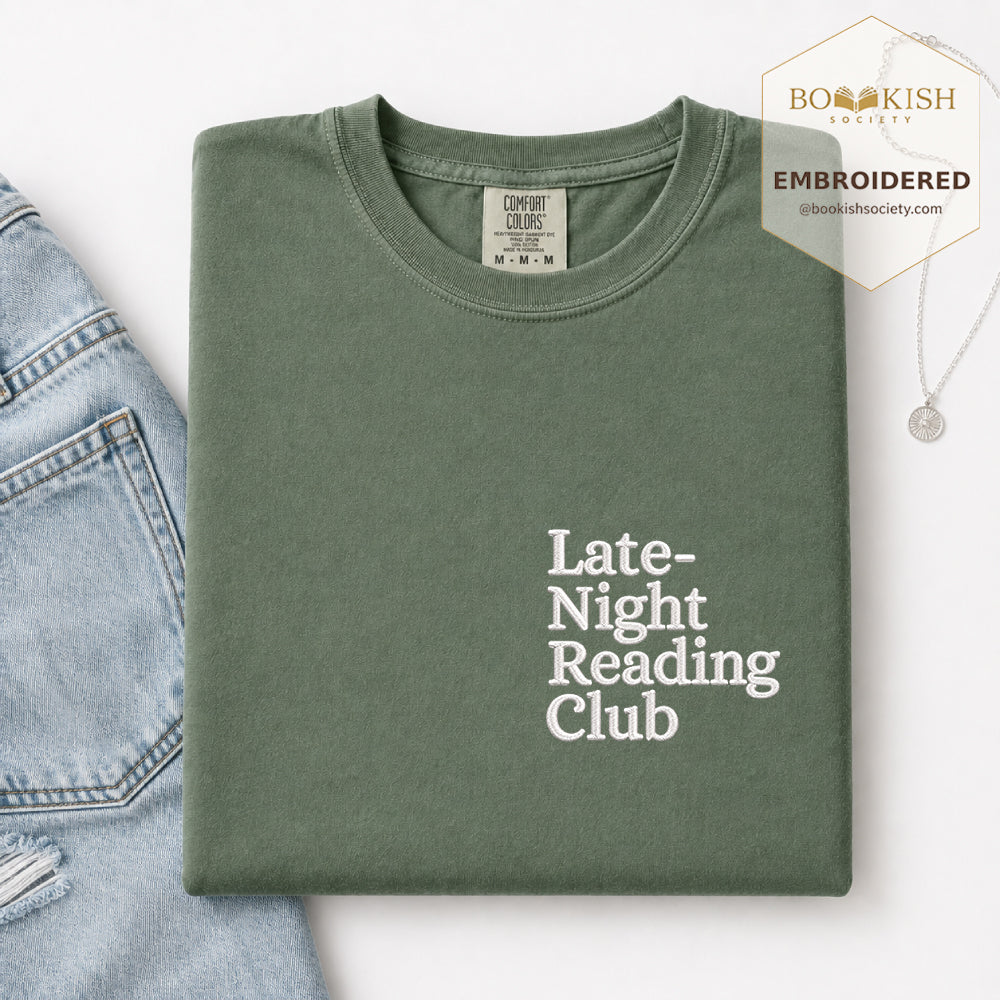 Late Night Reading Club Embroidered Comfort Color® T-shirt | Book Lover Gift Moss