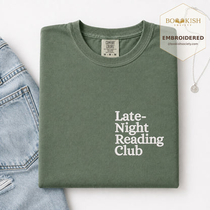 Late Night Reading Club Embroidered Comfort Color® T-shirt | Book Lover Gift Moss