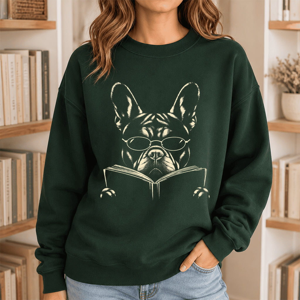 French Bulldog Reading Book Crewneck Sweatshirt | Reader Gift Forest Green