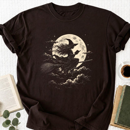 Reading Witch On The Flying Broom Printed T-Shirt | Halloween Book Lover Gift Dark Chocolate