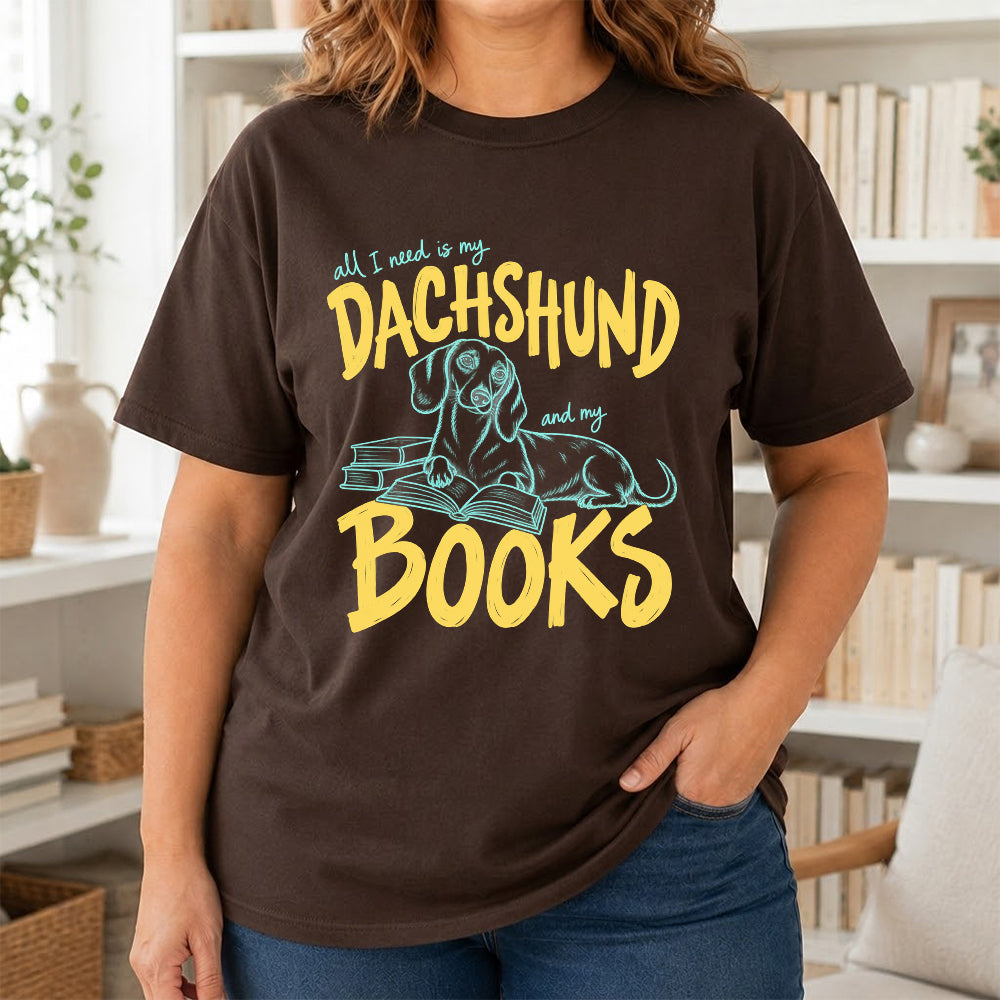 All I Need Is My Dachshund And My Books Softstyle T-Shirt | Book Lover Gift Dark Chocolate