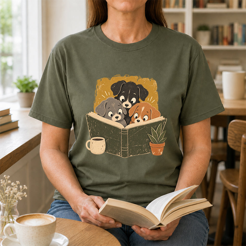 Minimal Japanese Dogs Reading Softstyle T-Shirt | Book Lover Gift Military Green