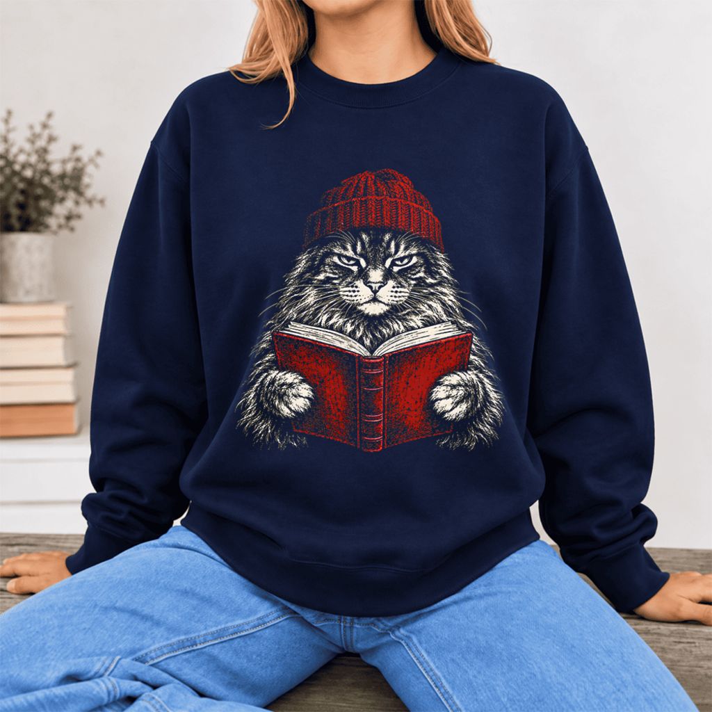 Vintage Reading Cat Maine Coon Softstyle Sweatshirt | Christmas Book Lover Gift Navy