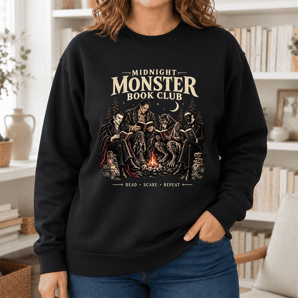 Midnight Monster Book Club Printed Sweatshirt | Halloween Book Lover Gift Black