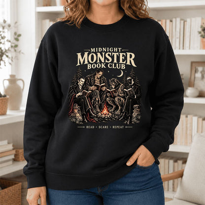 Midnight Monster Book Club Printed Sweatshirt | Halloween Book Lover Gift Black