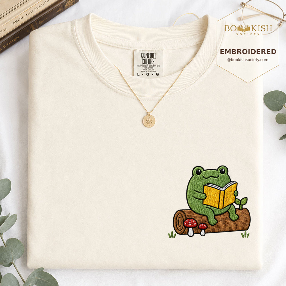 Embroidered Frog on Log Reading Book Comfort Color® T-shirt Book Lover Gift Ivory