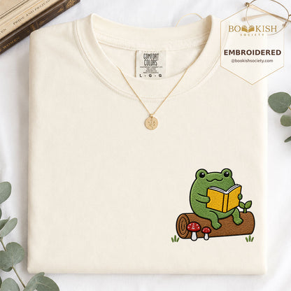 Embroidered Frog on Log Reading Book Comfort Color® T-shirt Book Lover Gift Ivory