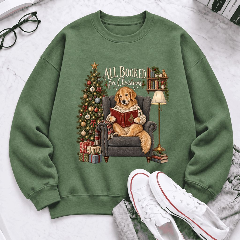 All Booked For Christmas Sweatshirt | Christmas Reader Gift Military Green