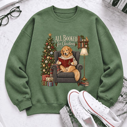 All Booked For Christmas Sweatshirt | Christmas Reader Gift Military Green