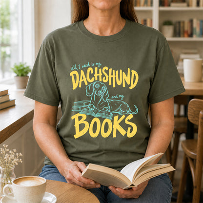 All I Need Is My Dachshund And My Books Softstyle T-Shirt | Book Lover Gift Military Green