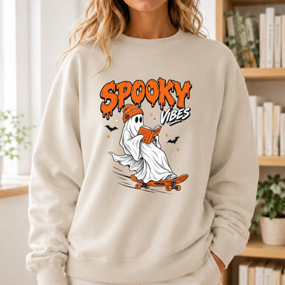 Spooky Vibes Printed Sweatshirt | Halloween Reader Gift Sand