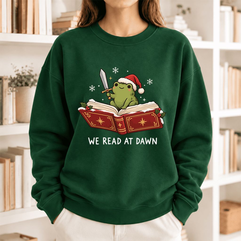 We Read At Dawn Frog Softstyle Sweatshirt | Christmas Book Lover Gift Forest Green