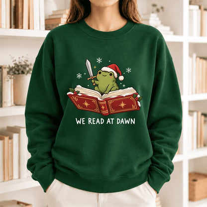 We Read At Dawn Frog Softstyle Sweatshirt | Christmas Book Lover Gift Forest Green