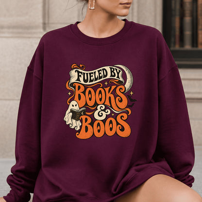Fueled By Books & Boos Printed Sweatshirt | Halloween Book Lover Gift Maroon