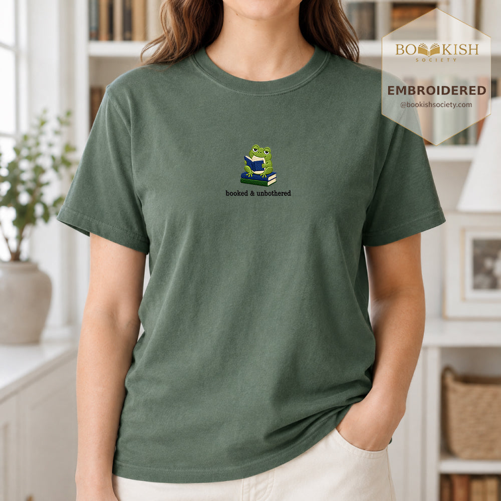 Booked and Unbothered Embroidered Comfort Color® T-shirt | Book Lover Gift Moss