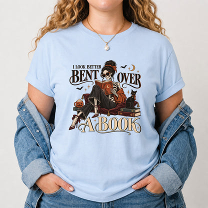 I Look Better Bent Over A Book Printed T-Shirt | Halloween Book Lover Gift Light Blue