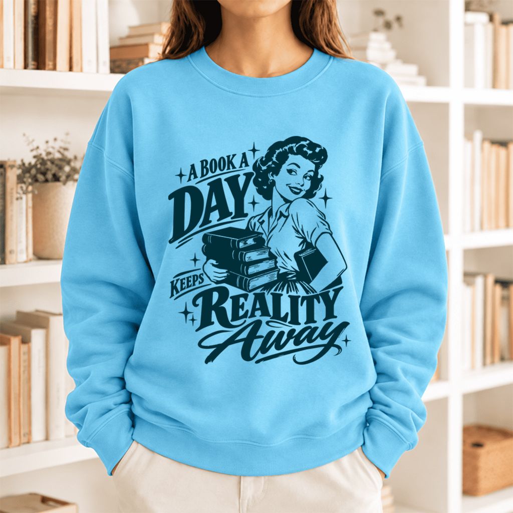 A Book A Day Keeps Reality Away Softstyle Sweatshirt | Cozy Book Lover Gift Sky