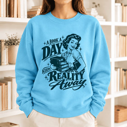 A Book A Day Keeps Reality Away Softstyle Sweatshirt | Cozy Book Lover Gift Sky