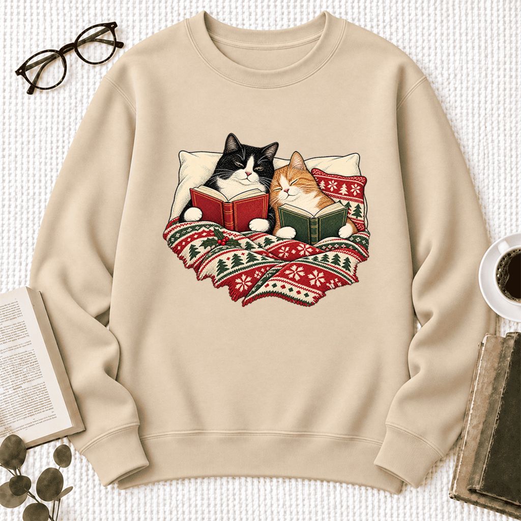 Christmas Reading Cat Couple Softstyle Sweatshirt | Cozy Christmas Gift Sand