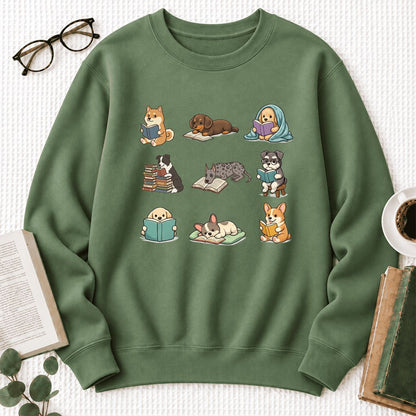 Funny Reading Dogs Embroidered Sweatshirt | Dog Mom Reader Gift Military Green
