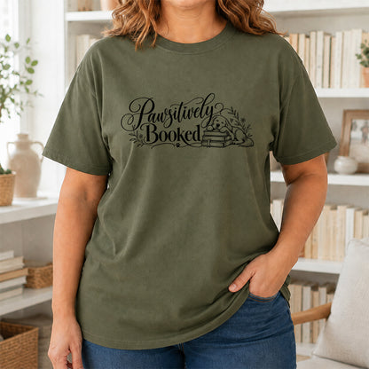 Pawsitively Booked Cotton T-Shirt | Dog Lover & Reader Gift Military Green