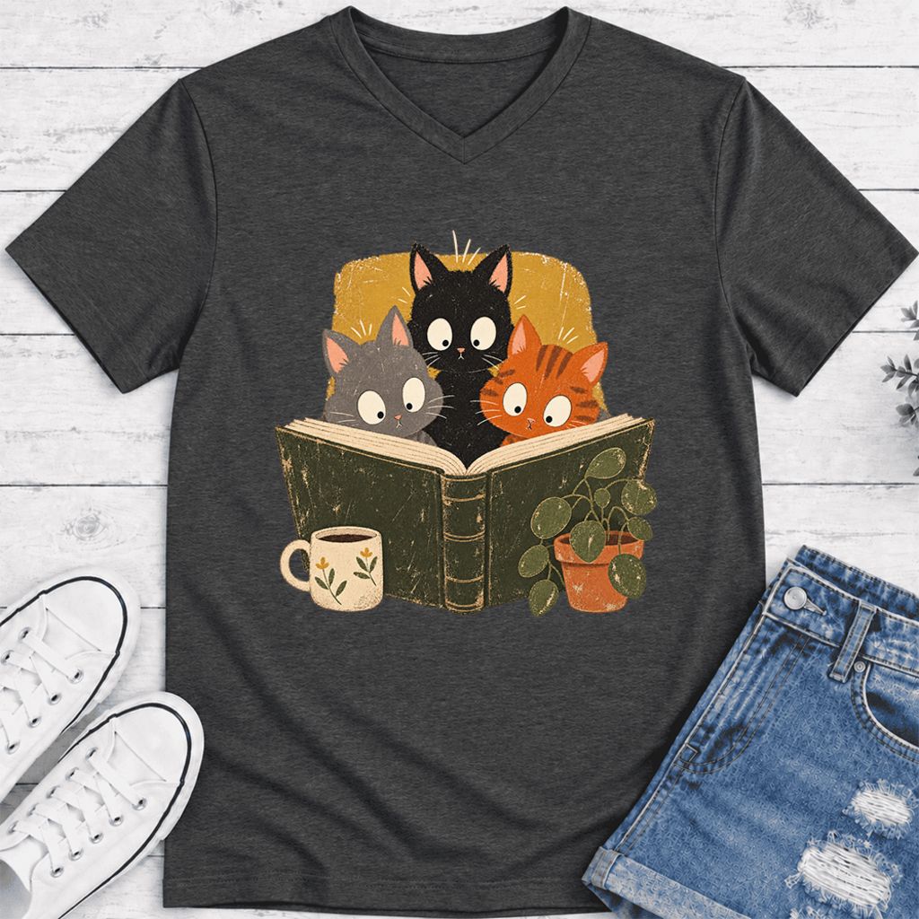 Curious Reading Cats Ultra-Soft V-Neck | Cat Lover Reader Gift Dark Grey Heather