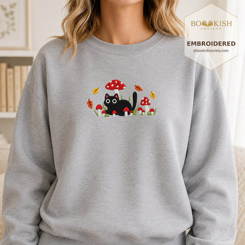 Mushroom Cat Embroidered Sweatshirt | Reader Gift Sport Grey